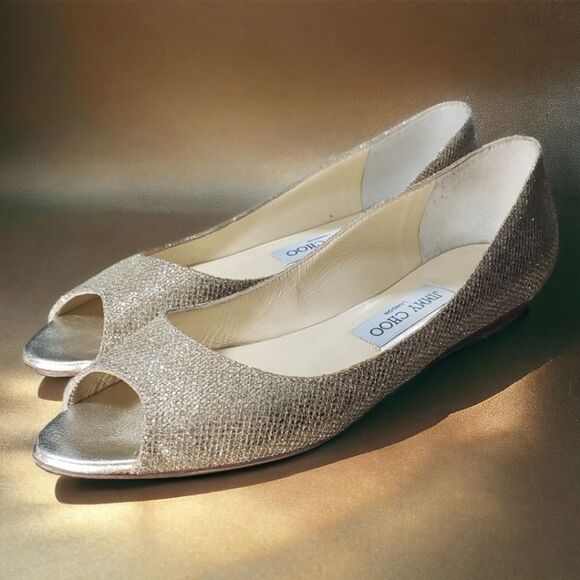 Jimmy Choo Glam Fairycore balletBeck Glitter Metallic Peep Toe Flats - Picture 1 of 11